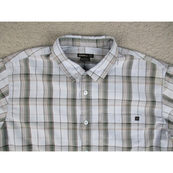 Oneill Shirt Mens Medium Blue Plaid Button Down Short‎ Sleeve Pocket - Picture 3 of 12